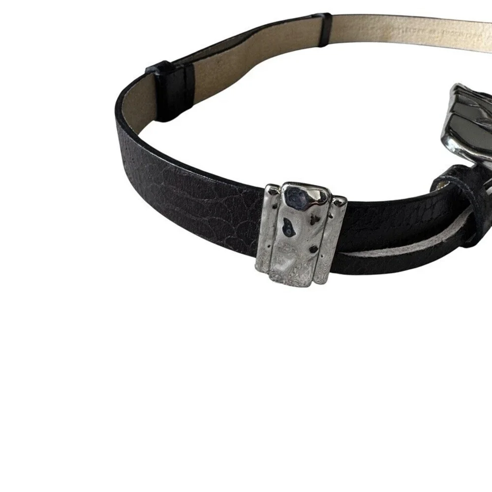 Chico’s Brutalist Silver Hammered Buckle Leather Belt medium large Vintage y2k